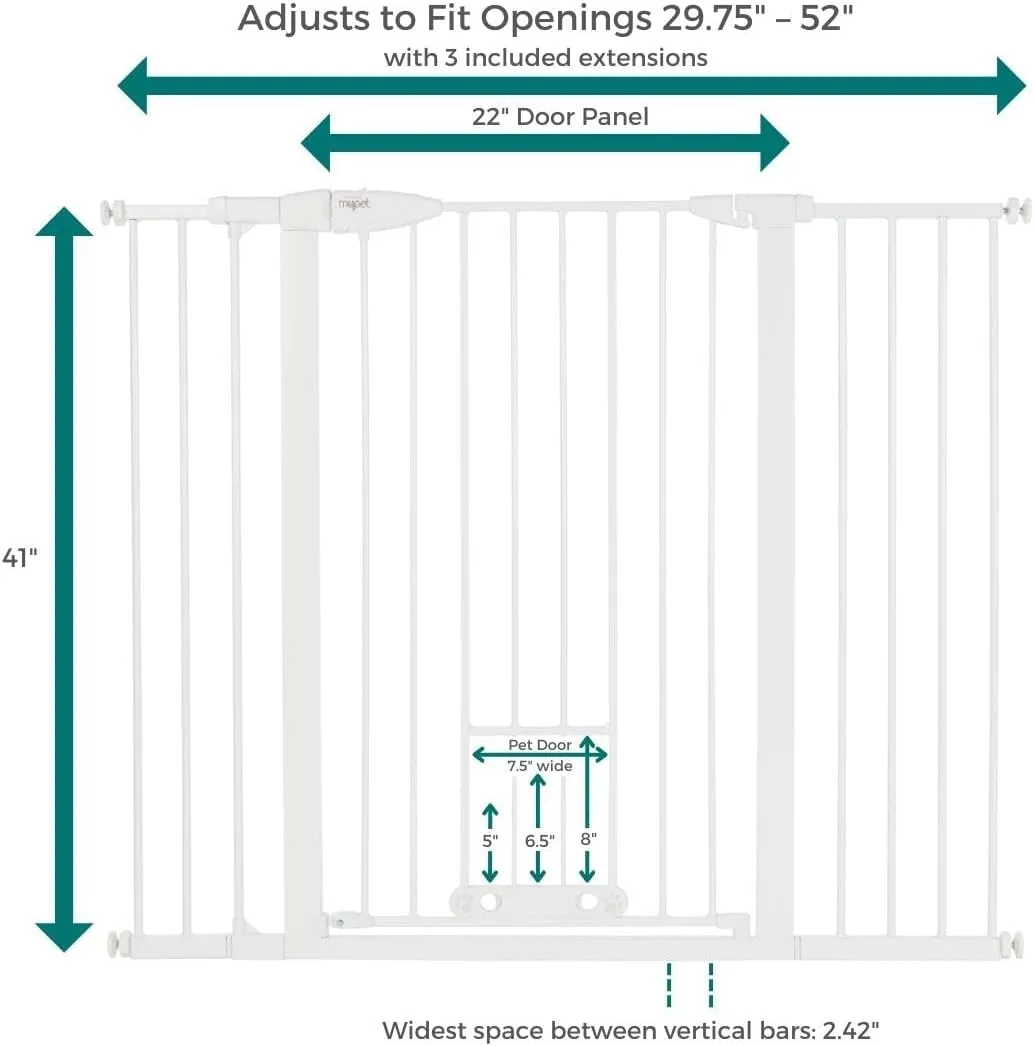 MYPET North States Extra Tall & Wide Walk Thru EasyPass Pet Gate with Patented Adjustable pet Door: 29.75” - 52” Wide Dog Gate. Pressure Mount, No Tools Needed. Dog Gates for House, 41" Tall, White