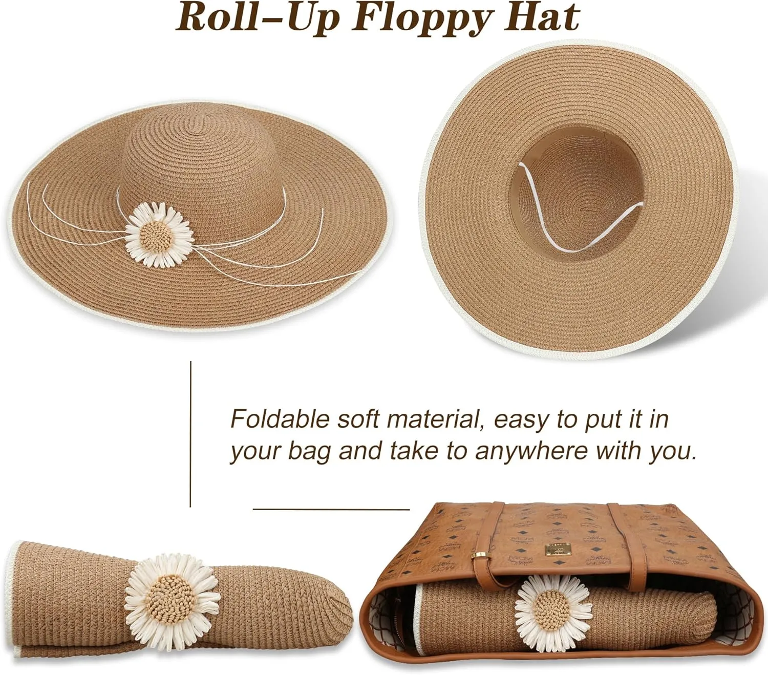 Naivlizer Women Wide Brim Sun Hat UPF50 Straw Summer Hat Floppy Beach Hat Roll-Up