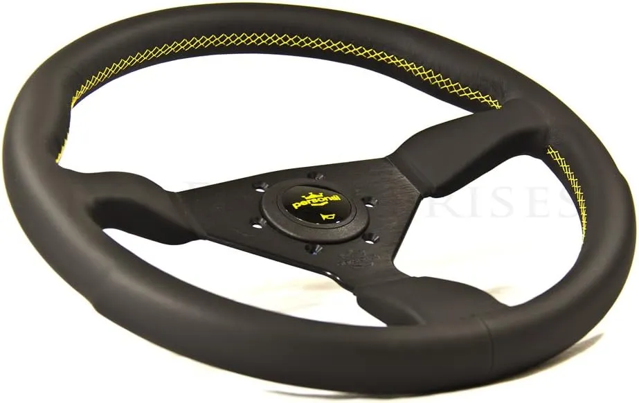 Nardi Personal Steering Wheel - Grinta - 330mm (12.99 inches) - Black Leather with Black Spokes - Yellow Stitching - Yellow Logo Horn Button - Part # 6430.33.2095