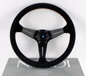 Nardi Steering Wheel - Deep Corn - 350mm (13.78 inches) - Black Suede Leather with Red Stitching - Classic Horn Button - Part # 6069.35.2094