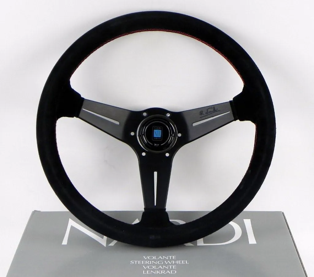 Nardi Steering Wheel - Deep Corn - 350mm (13.78 inches) - Black Suede Leather with Red Stitching - Classic Horn Button - Part # 6069.35.2094