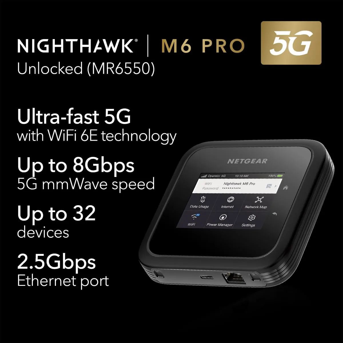NETGEAR Nighthawk M6 Pro Mobile Hotspot 5G mmWave, 8Gbps, Unlocked, AT&T, T-Mobile, Verizon International Roaming 125 Countries, WiFi 6E, Portable Device for Travel, Modem Wireless Router (MR6550)