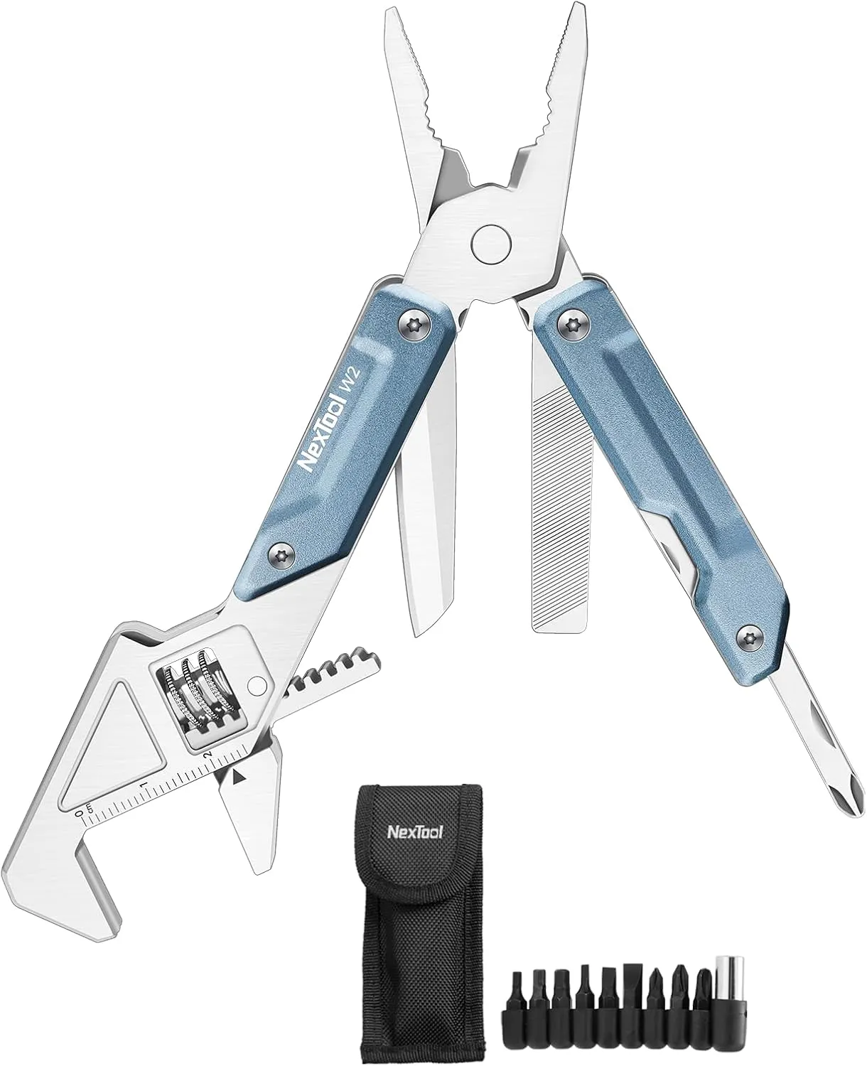 NexTool W2, 8 in 1 Multi Tool with Adjustable Wrench, Multitool Pliers, Pocket Knife, Screwdriver and File, Multi-Tool with 9 in 1 Bits Set and Nylon Sheath for Cycling Maintenancen, Household Repairs