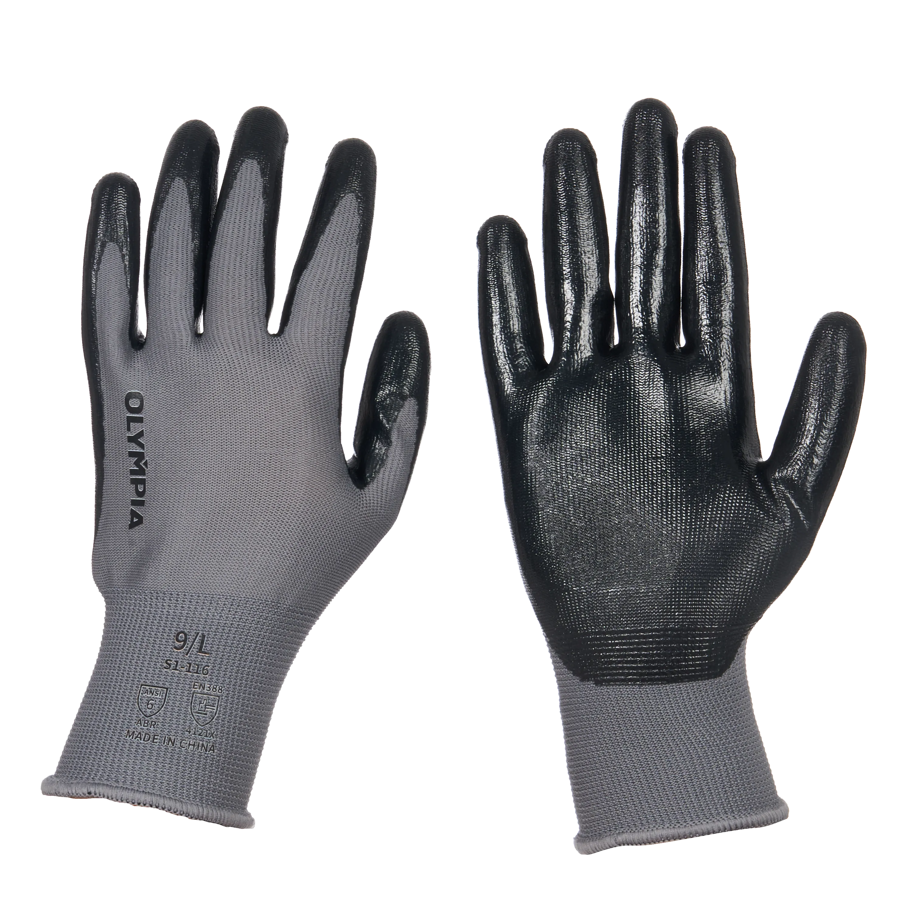 Nitrile Dipped Knit Gloves, L/9, Smooth, Gray/Black, 12 Pairs
