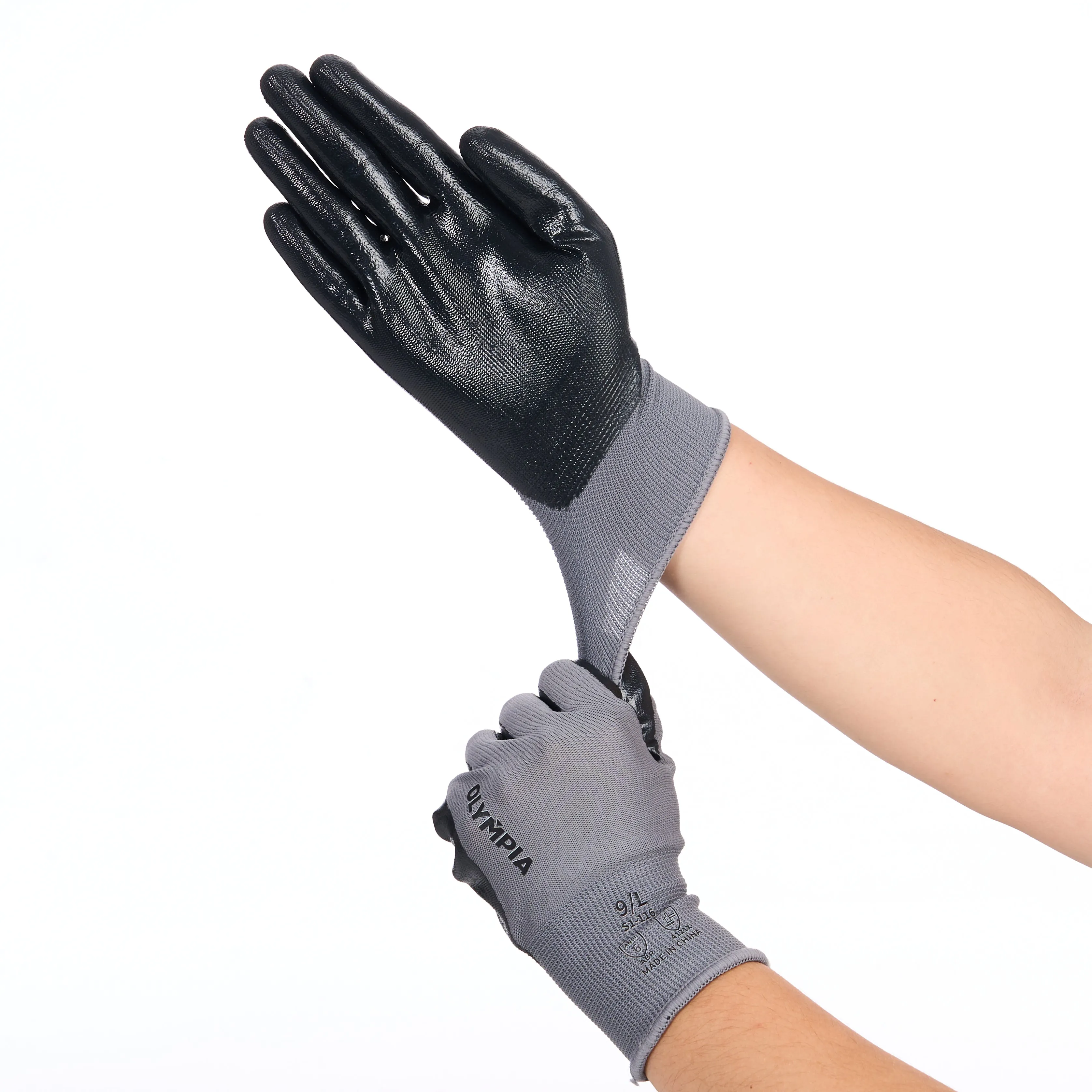 Nitrile Dipped Knit Gloves, L/9, Smooth, Gray/Black, 12 Pairs