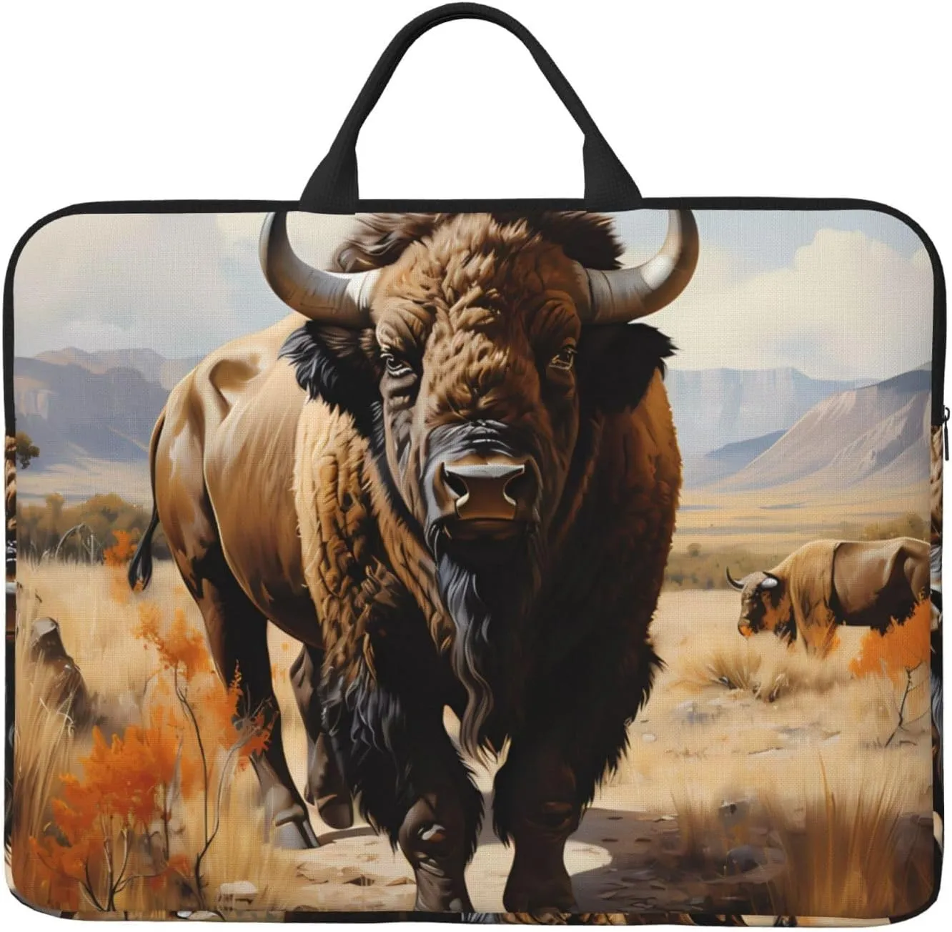 North American Bison Herd 14-Inch Laptop Bag With Shockproof Lining And Portable Design, Suitable For Business And Daily Use.