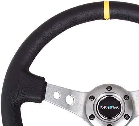 NRG Innovations NRG-RST-006GM-Y Reinforced Steering Wheel 350mm Sport Steering Wheel (3" Deep) Gun Metal Spoke With Round Holes/Black Leather/Yellow Center Mark Stripe Deep Dish 6-Bolt