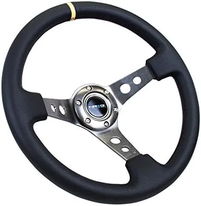 NRG Innovations NRG-RST-006GM-Y Reinforced Steering Wheel 350mm Sport Steering Wheel (3" Deep) Gun Metal Spoke With Round Holes/Black Leather/Yellow Center Mark Stripe Deep Dish 6-Bolt