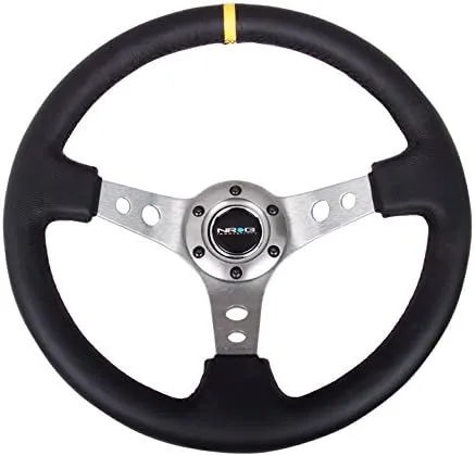 NRG Innovations NRG-RST-006GM-Y Reinforced Steering Wheel 350mm Sport Steering Wheel (3" Deep) Gun Metal Spoke With Round Holes/Black Leather/Yellow Center Mark Stripe Deep Dish 6-Bolt