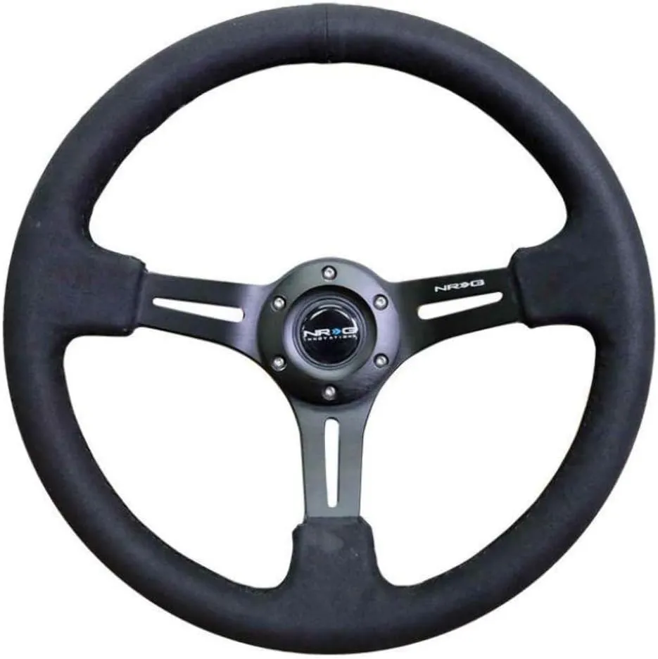 NRG Innovations NRG-RST-018SA Reinforced Steering Wheel 350mm Sport Steering Wheel (3" Deep) Black Leather with Alcantara Stitching, Slit Spoke Design over Circular Cut-Outs