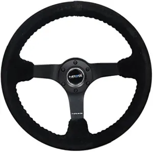 NRG Innovations NRG-RST-036MB-S-BK Reinforced Steering Wheel 3" Deep, 5mm Matte Black Spoke, 350mm Sport Steering Wheel Black Suede With Black Baseball Stitching