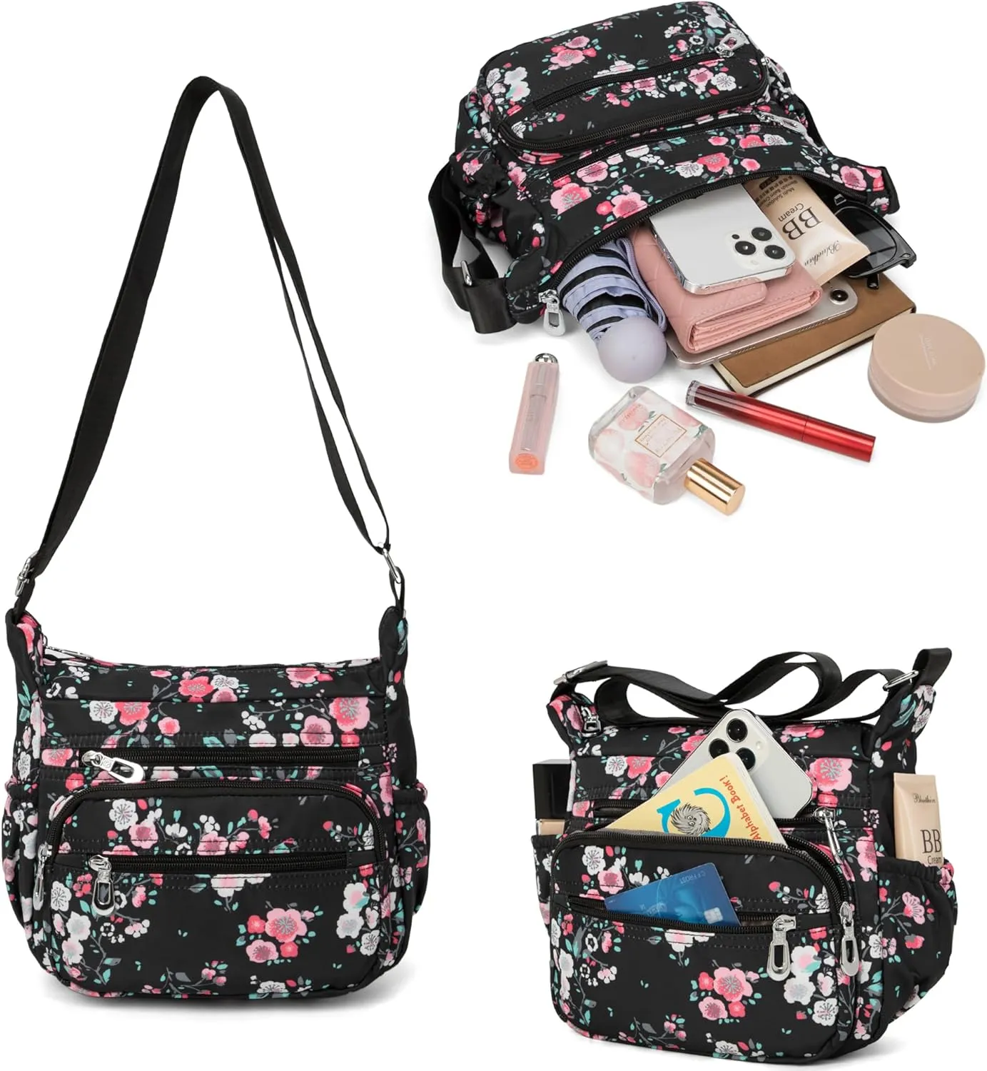 Nylon Floral Multi-Pocket Crossbody Purse Bags for Women Travel Shoulder Bag