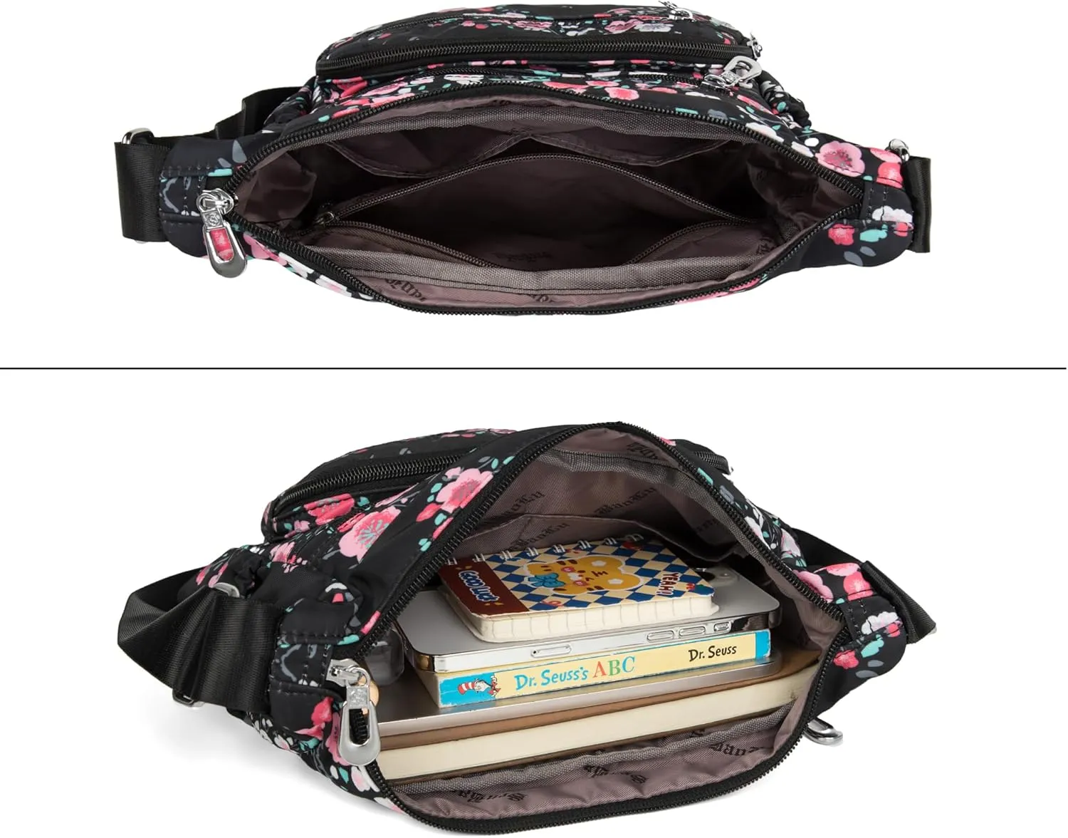 Nylon Floral Multi-Pocket Crossbody Purse Bags for Women Travel Shoulder Bag