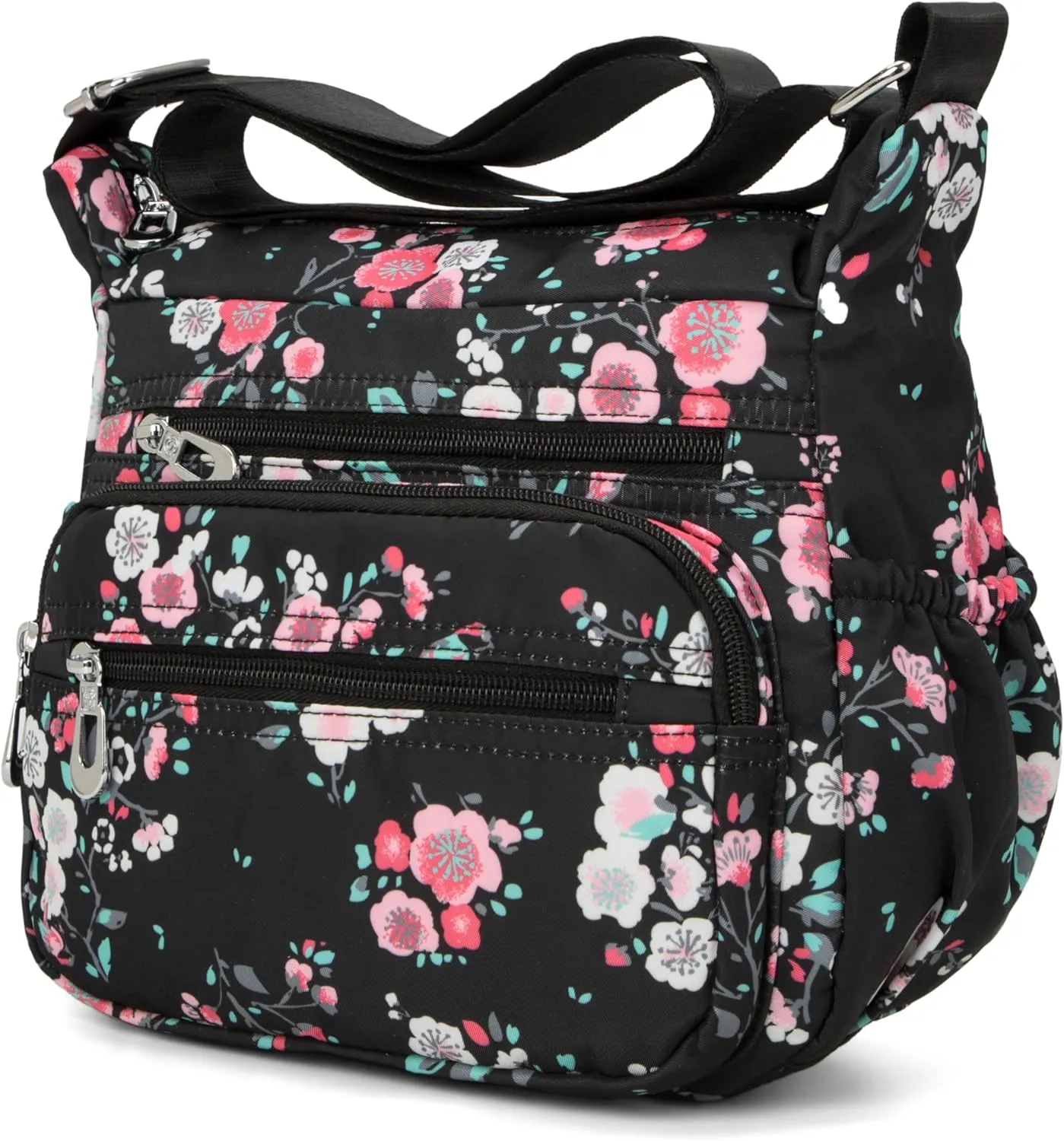 Nylon Floral Multi-Pocket Crossbody Purse Bags for Women Travel Shoulder Bag