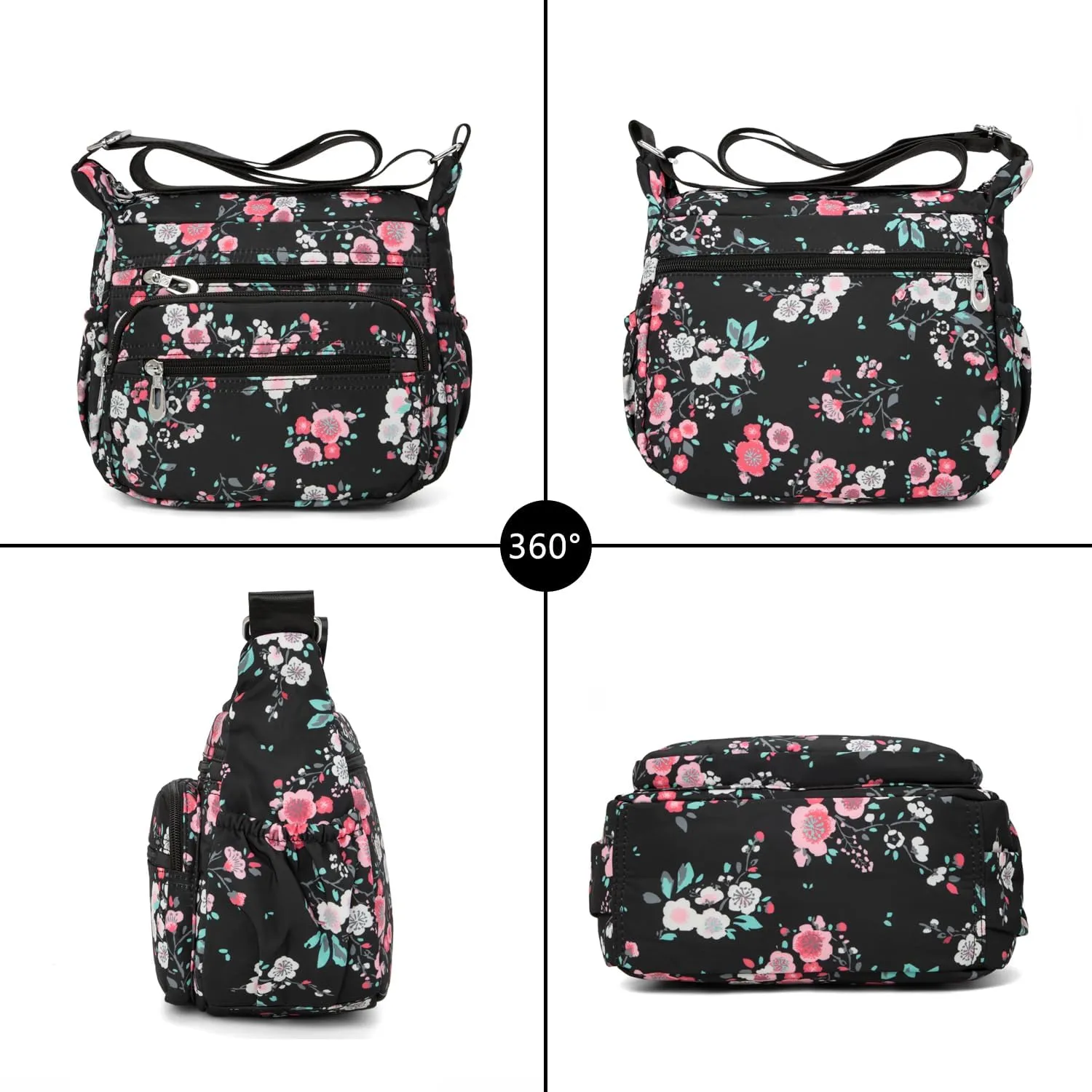 Nylon Floral Multi-Pocket Crossbody Purse Bags for Women Travel Shoulder Bag