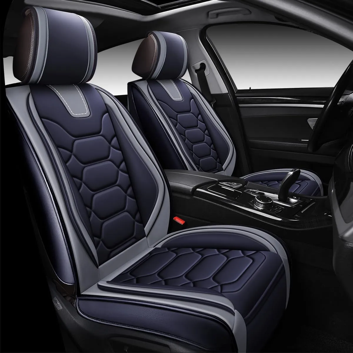 OASIS AUTO Car Seat Covers Premium Waterproof Faux Leather Cushion Universal Accessories Fit SUV Truck Sedan Automotive Vehicle Auto Interior Protector Front Pair (OS-004 Black&Gray)