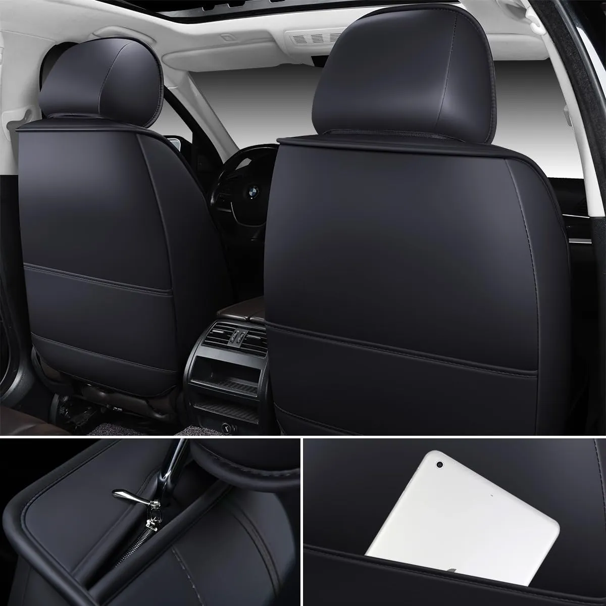 OASIS AUTO Car Seat Covers Premium Waterproof Faux Leather Cushion Universal Accessories Fit SUV Truck Sedan Automotive Vehicle Auto Interior Protector Full Set (Black)
