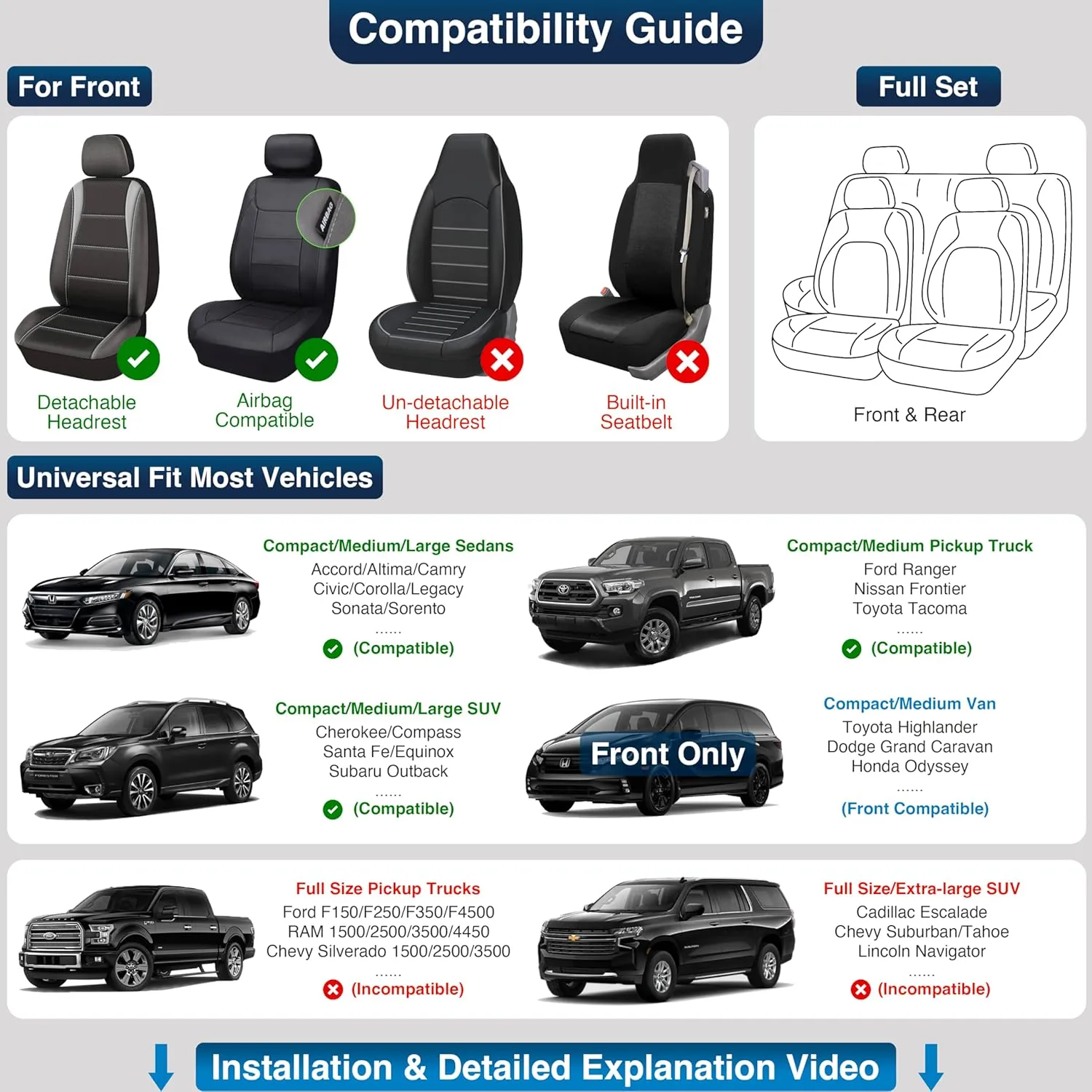 OASIS AUTO Car Seat Covers Premium Waterproof Faux Leather Cushion Universal Accessories Fit SUV Truck Sedan Automotive Vehicle Auto Interior Protector Full Set (Black)