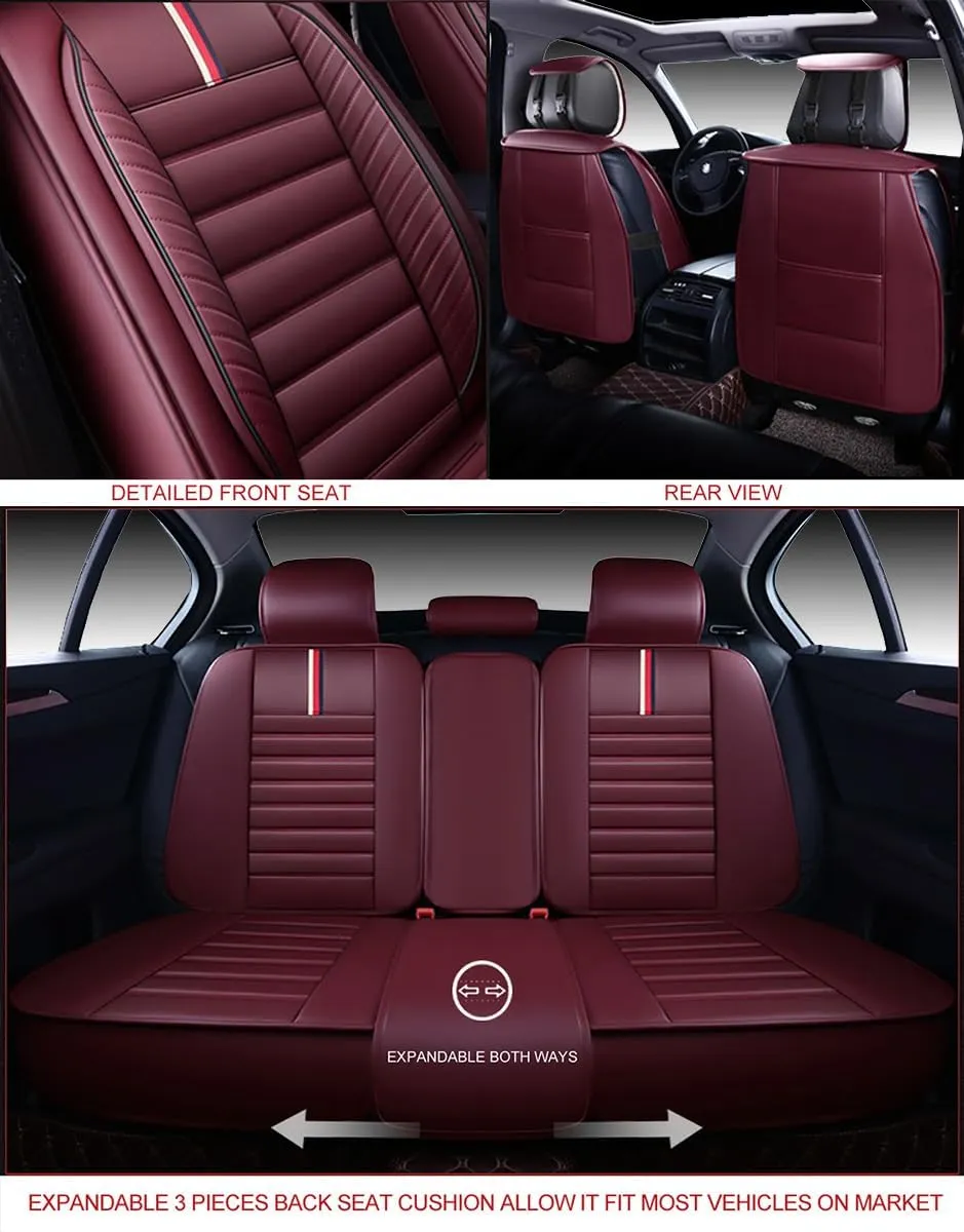 OASIS AUTO Car Seat Covers Premium Waterproof Faux Leather Cushion Universal Accessories Fit SUV Truck Sedan Automotive Vehicle Auto Interior Protector Full Set (OS-001 Burgundy)