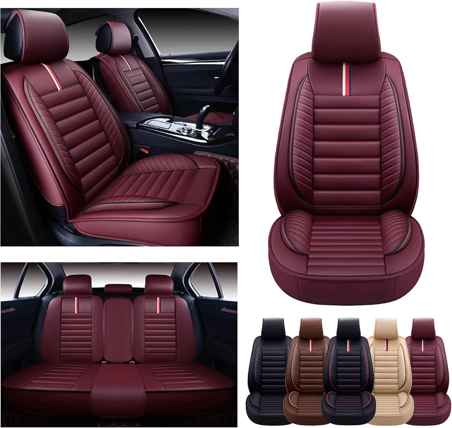 OASIS AUTO Car Seat Covers Premium Waterproof Faux Leather Cushion Universal Accessories Fit SUV Truck Sedan Automotive Vehicle Auto Interior Protector Full Set (OS-001 Burgundy)