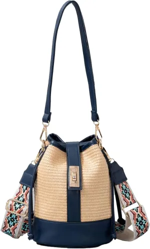 Obosoyo Summer Straw Beach Bucket Bag Woven Texture Pattern Wide Shoulder Strap Handbag Crossbody Bag Small Purse Drawstring