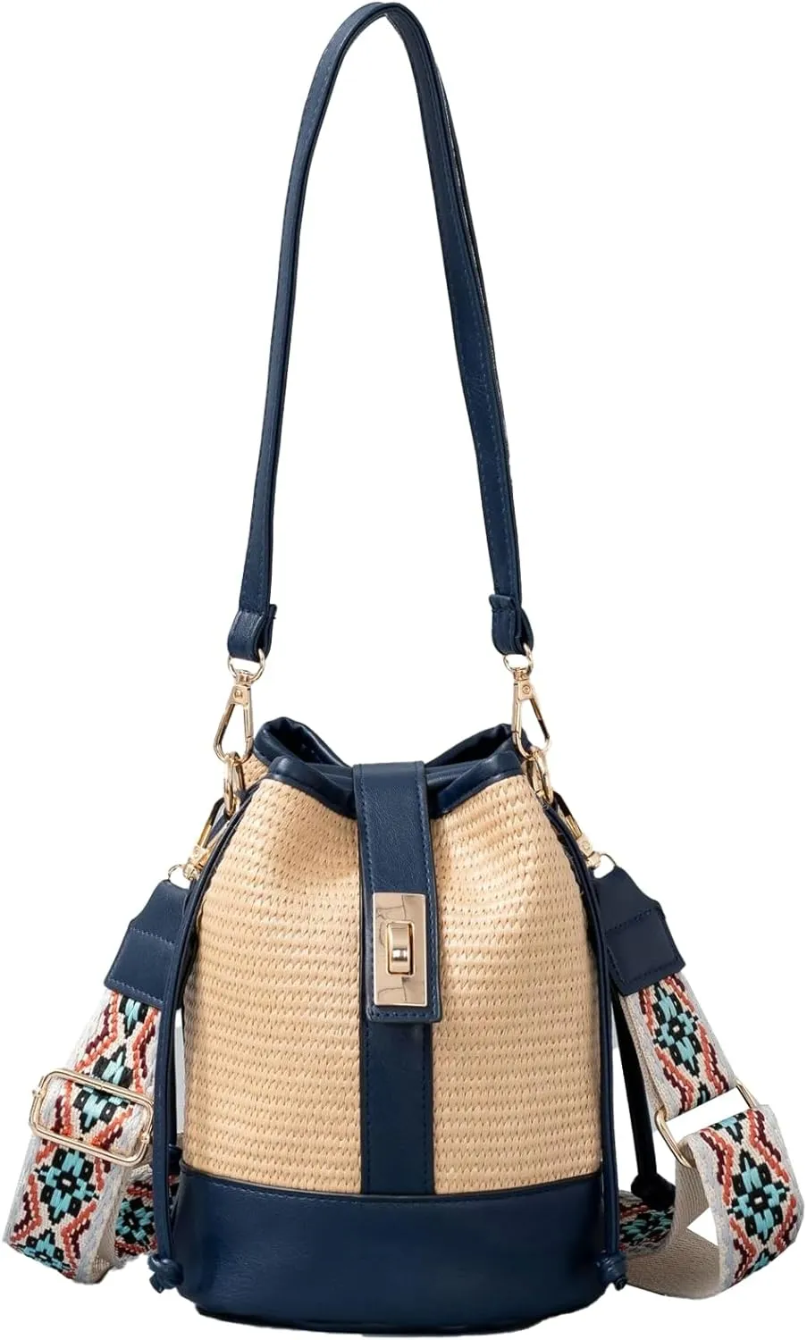 Obosoyo Summer Straw Beach Bucket Bag Woven Texture Pattern Wide Shoulder Strap Handbag Crossbody Bag Small Purse Drawstring