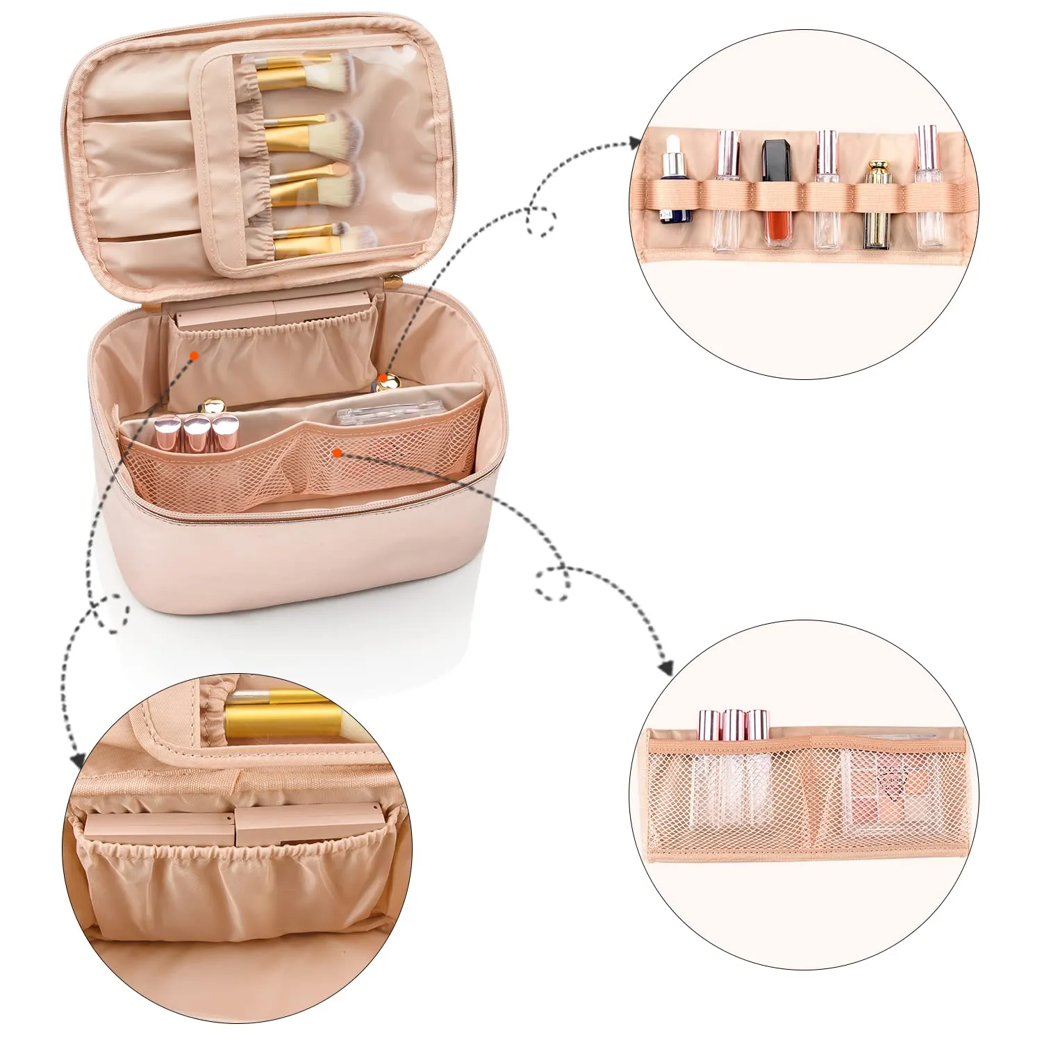 OCHEAL Rose Gold Makeup Bag,Travel Makeup Organizer Bag, Large Capacity Cosmetic Bags for Women Large Travel Toiletry Bag for Girls Traveling With Brush Slot And Divider