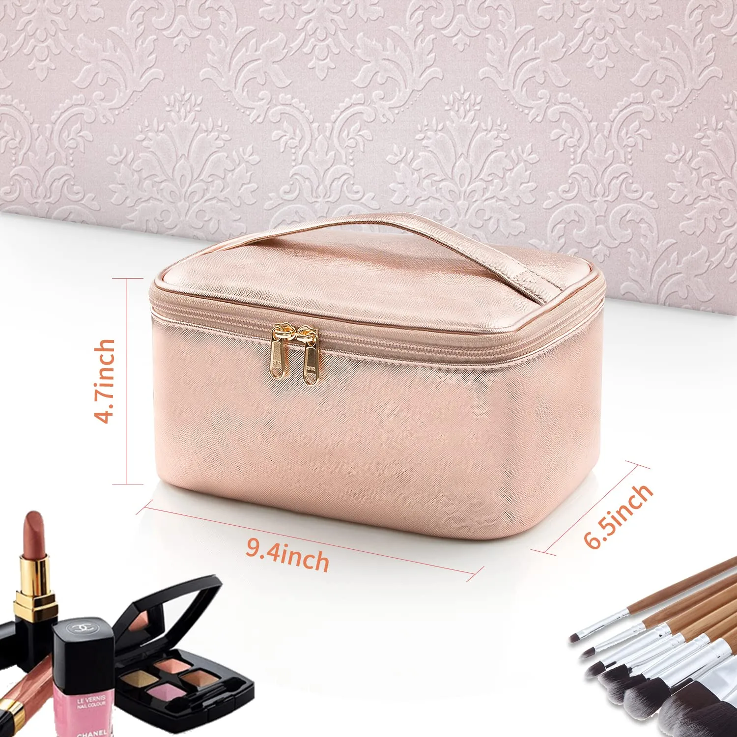 OCHEAL Rose Gold Makeup Bag,Travel Makeup Organizer Bag, Large Capacity Cosmetic Bags for Women Large Travel Toiletry Bag for Girls Traveling With Brush Slot And Divider