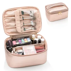 OCHEAL Rose Gold Makeup Bag,Travel Makeup Organizer Bag, Large Capacity Cosmetic Bags for Women Large Travel Toiletry Bag for Girls Traveling With Brush Slot And Divider