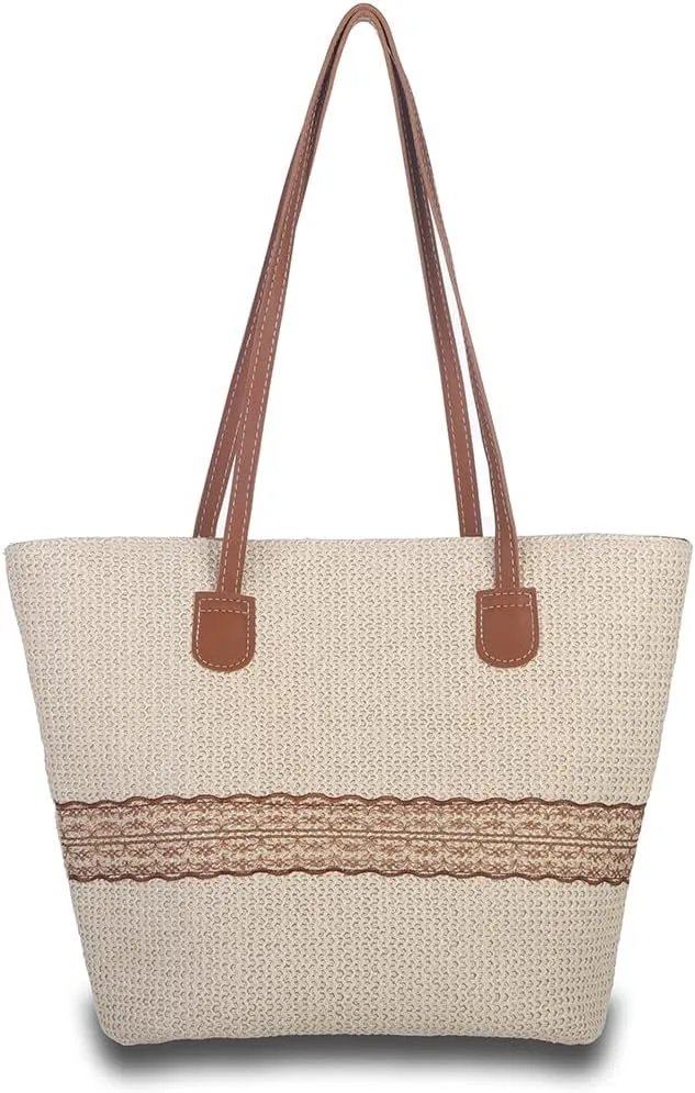 Octwine Brown Tote Bag Straw Beach Bag Summer Handwoven Tote Bags Purse Handle Straw Handbag Clutch for Women