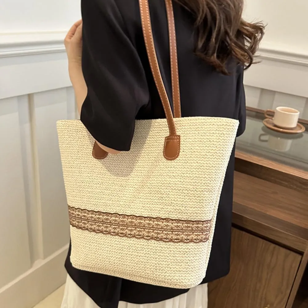 Octwine Brown Tote Bag Straw Beach Bag Summer Handwoven Tote Bags Purse Handle Straw Handbag Clutch for Women