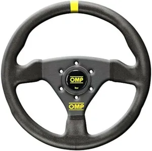 OMP Steering Wheel, Trecento, 11-3/4 in Diameter, 3 Spoke, Flat, Black Leather Grip, Yellow Stripe, Aluminum, Black Anodized, Each