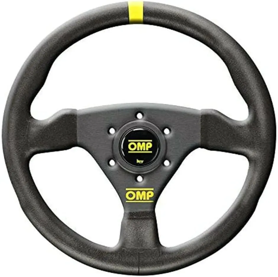 OMP Steering Wheel, Trecento, 11-3/4 in Diameter, 3 Spoke, Flat, Black Leather Grip, Yellow Stripe, Aluminum, Black Anodized, Each