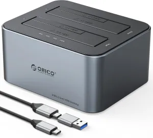 ORICO Hard Drive Docking Station with Offline Clone, Aluminum Alloy Dual Bay USB C to SATA Hard Drive Dock Holder for 2.5 or 3.5 Inch HDD 36TB UASP Support,Gray (6626C3-C)