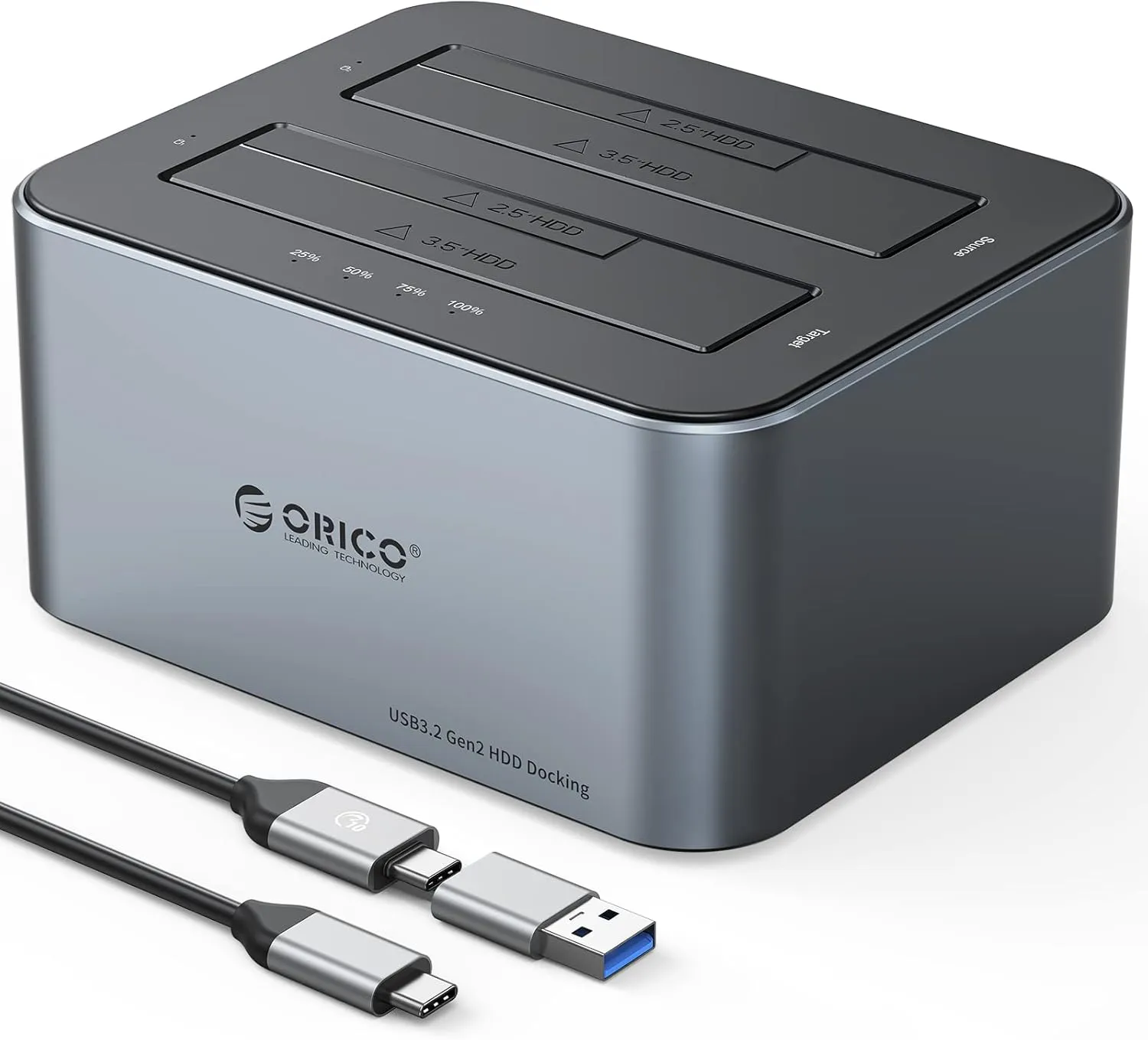 ORICO Hard Drive Docking Station with Offline Clone, Aluminum Alloy Dual Bay USB C to SATA Hard Drive Dock Holder for 2.5 or 3.5 Inch HDD 36TB UASP Support,Gray (6626C3-C)