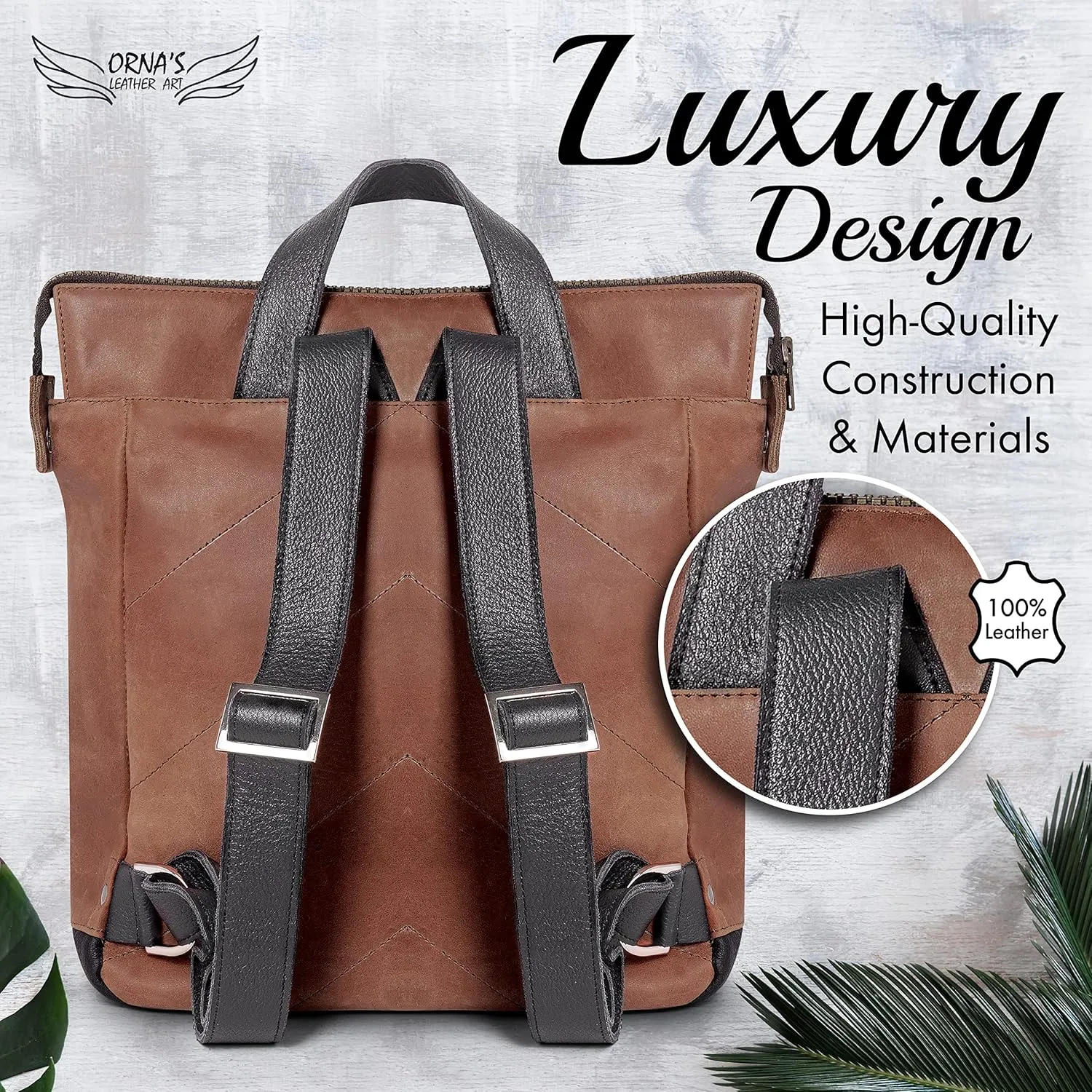 ORNA'S LEATHER ART | Mini SWAN Everyday leather backpack for Women. Practical, Stylish and Spacious Women’s Bag. Real Leather in A Chic Backpack And Contemporary Design (Brown)