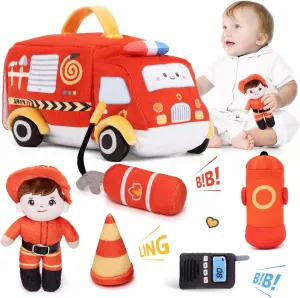 OUOZZZ Firetruck Toys for Toddlers 1-3 - Stuffed Toy Set with Baby Firefighter Doll - Fire Truck Plush Sensory Toy - First Birthday Gift for Boys Portable Toys Montessori- Fire Toy for Babies