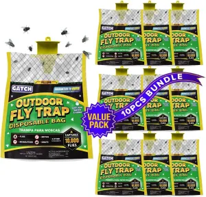 Outdoor Fly Trap Bags (10 Pack), Disposable, Hanging Fly Catcher with Bait, Outdoor Use Fly Hunter Repellent Control Catcher Killer, Flies Trap for Barn, Farm, Mosquito, Bugs, Gnats, Ready to Use…