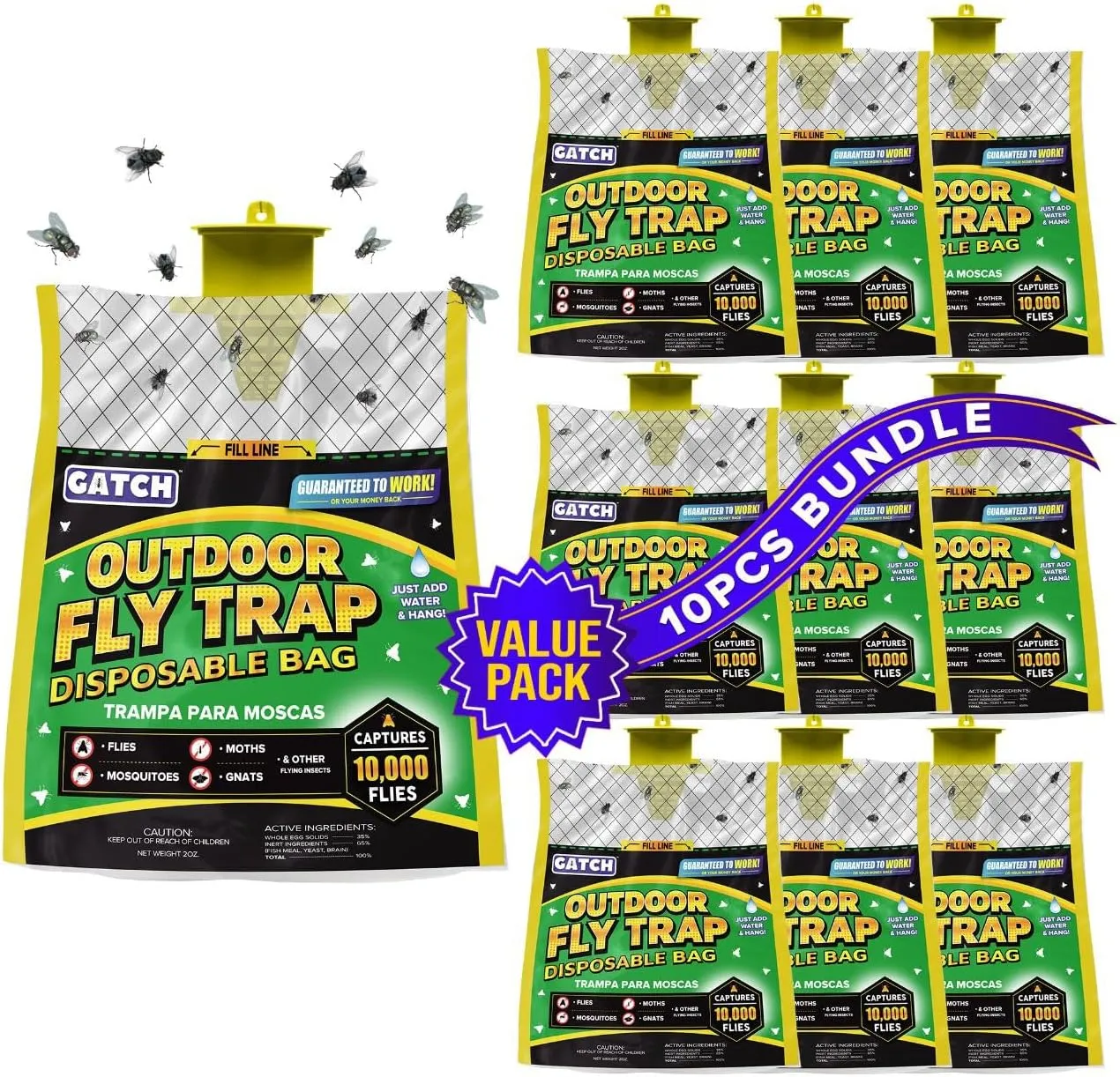 Outdoor Fly Trap Bags (10 Pack), Disposable, Hanging Fly Catcher with Bait, Outdoor Use Fly Hunter Repellent Control Catcher Killer, Flies Trap for Barn, Farm, Mosquito, Bugs, Gnats, Ready to Use…