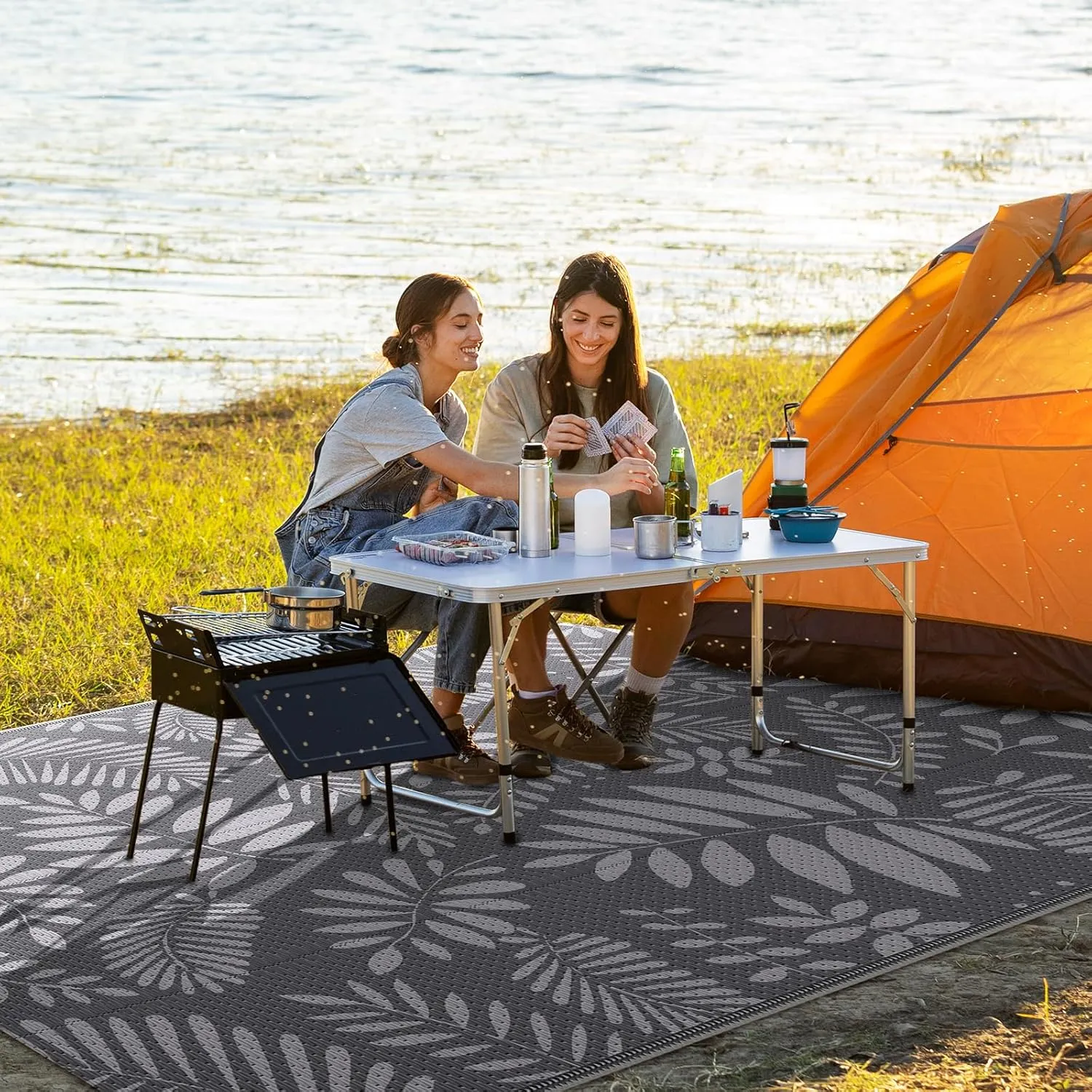 Outdoor Rug, Patio Rug, Plastic Straw Camping Rugs, Large Waterproof Area Rug and Mat for Outdoors, RV, Patio, Backyard, Deck, Porch, Beach, Balcony, (5'x 8', White&Gray)