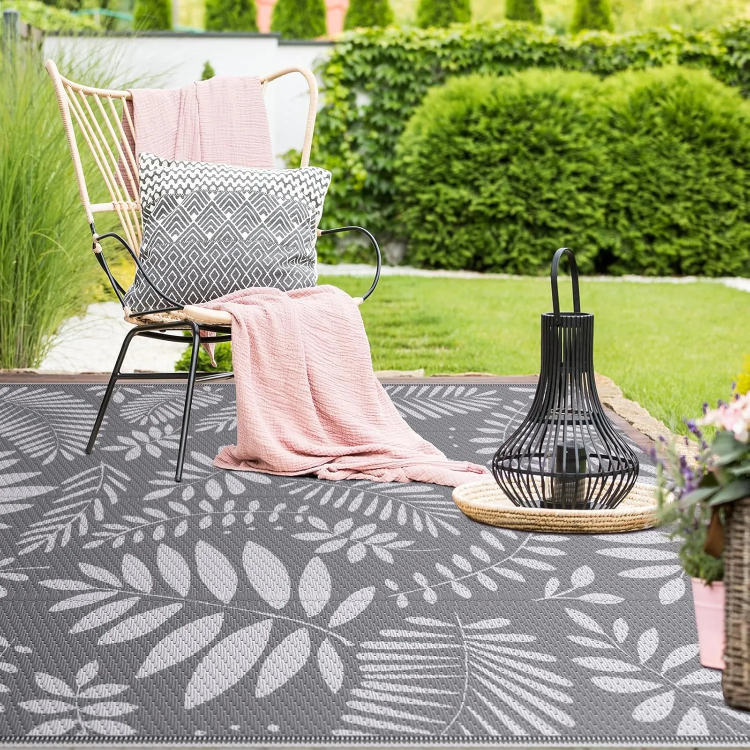Outdoor Rug, Patio Rug, Plastic Straw Camping Rugs, Large Waterproof Area Rug and Mat for Outdoors, RV, Patio, Backyard, Deck, Porch, Beach, Balcony, (5'x 8', White&Gray)