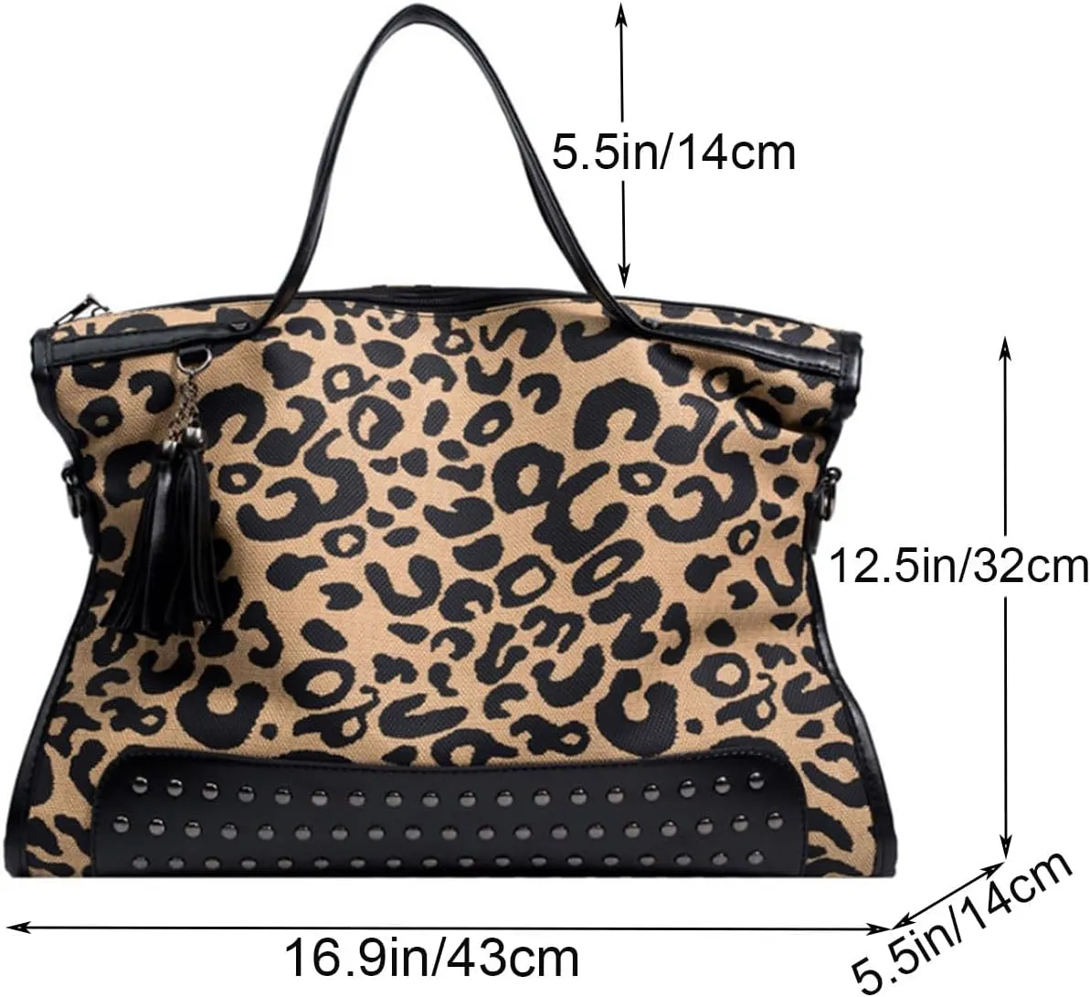 Oversized Leopard Purse,Women Studded Tote Handbags Animal Printing Punk Large Shoulder Bags Hobo Tassel Rocker Rivet