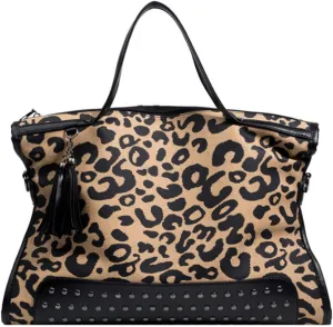 Oversized Leopard Purse,Women Studded Tote Handbags Animal Printing Punk Large Shoulder Bags Hobo Tassel Rocker Rivet
