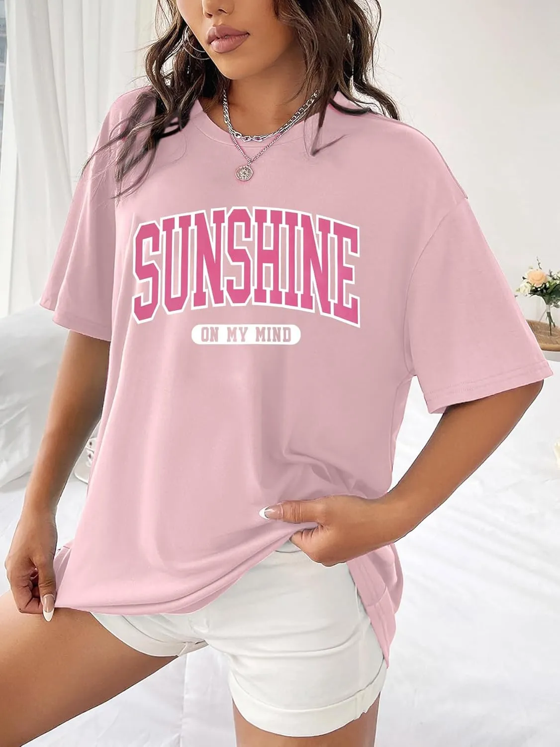 Oversized Sunshine Shirt Beach Tshirt: Women Loose Fit Summer Top Drop Shoulder Casual Short Sleeve Tees