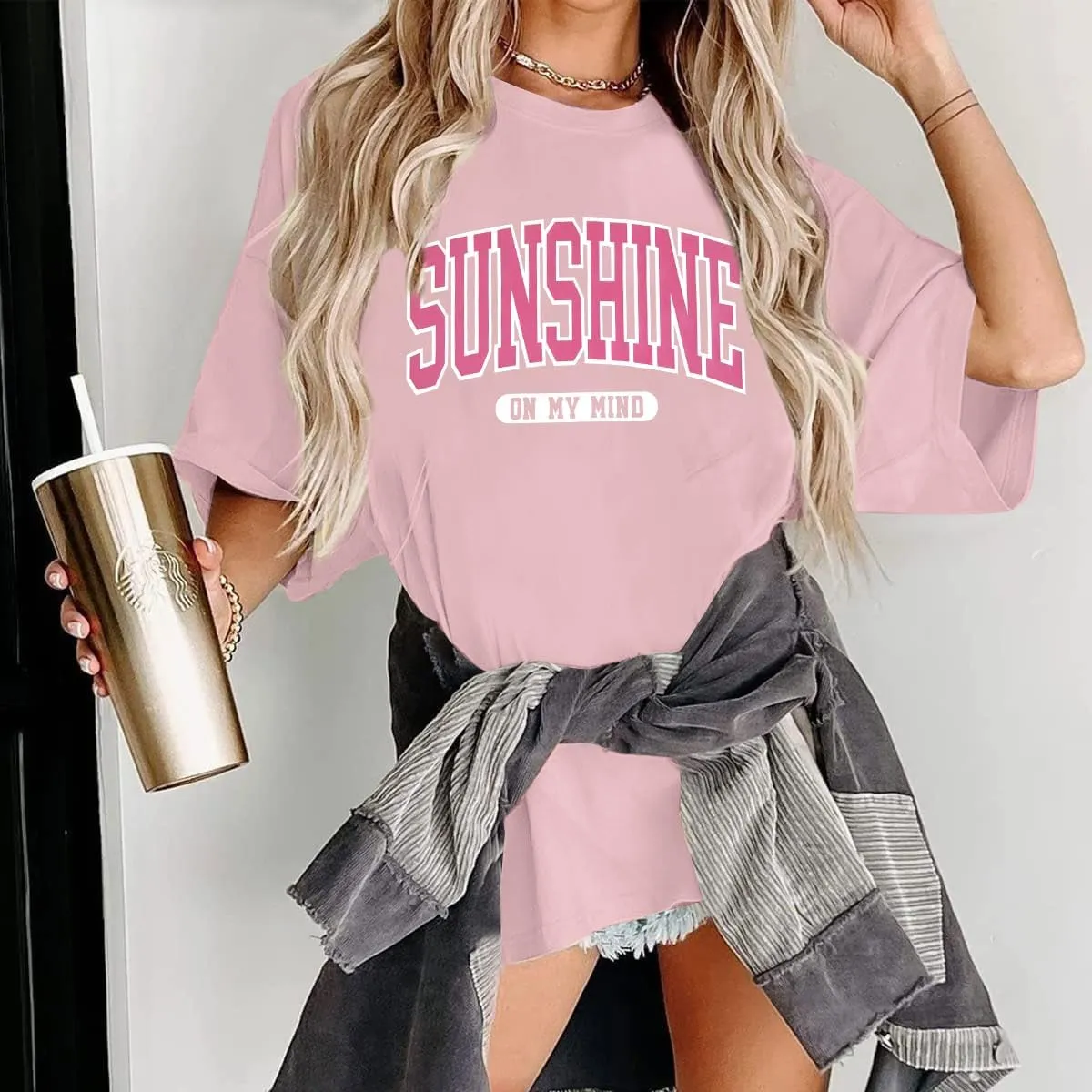 Oversized Sunshine Shirt Beach Tshirt: Women Loose Fit Summer Top Drop Shoulder Casual Short Sleeve Tees