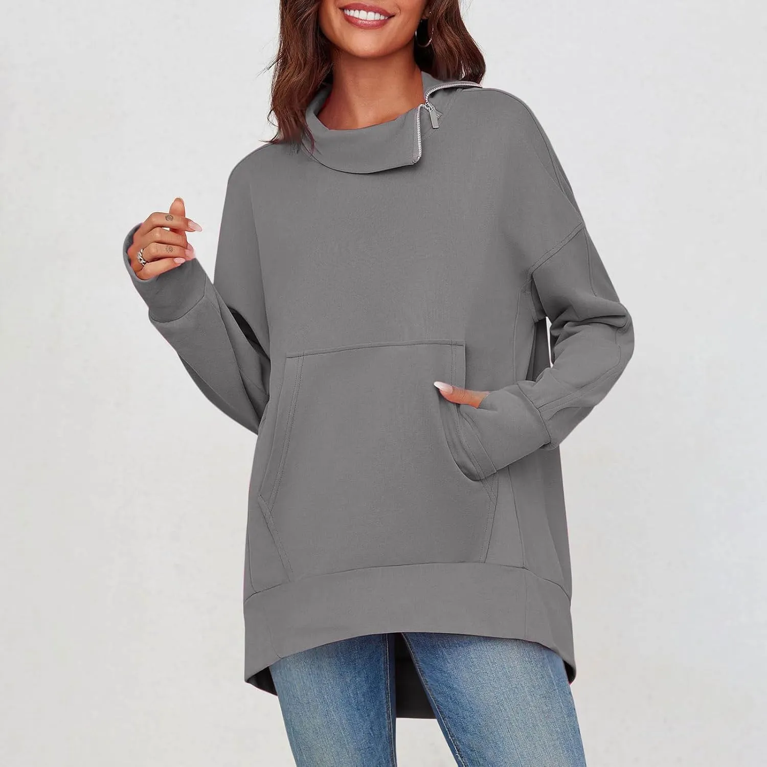 Oversized Sweatshirts for Women Trendy Zip High Neck Long Sleeve Solid Pullover Casual Cozy Warm Y2k Tops with Pocket
