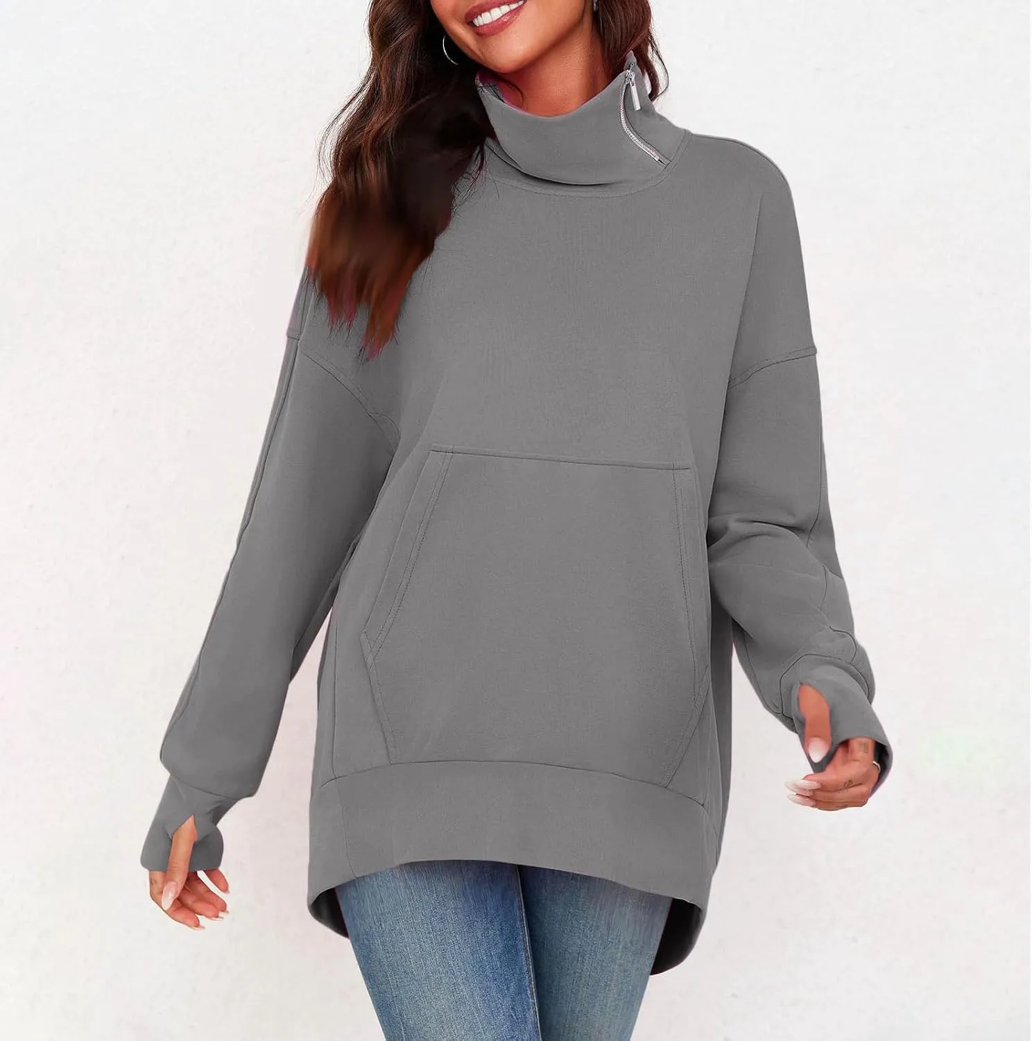 Oversized Sweatshirts for Women Trendy Zip High Neck Long Sleeve Solid Pullover Casual Cozy Warm Y2k Tops with Pocket