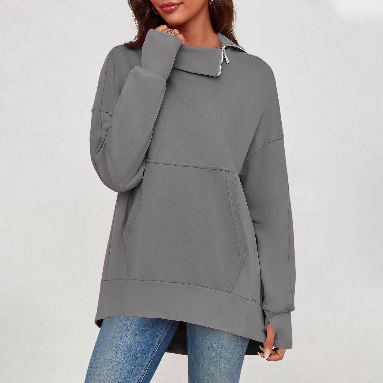 Oversized Sweatshirts for Women Trendy Zip High Neck Long Sleeve Solid Pullover Casual Cozy Warm Y2k Tops with Pocket