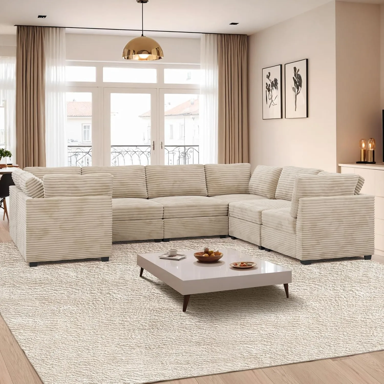 ovios 130.7" Modular Sectional Sofa Couch, U-Shaped Cloud Couches with Oversized Chaise, Modern Minimalist Deep Seat Plush Corduroy Sofas Set for Living Room, 7 Seater, Beige