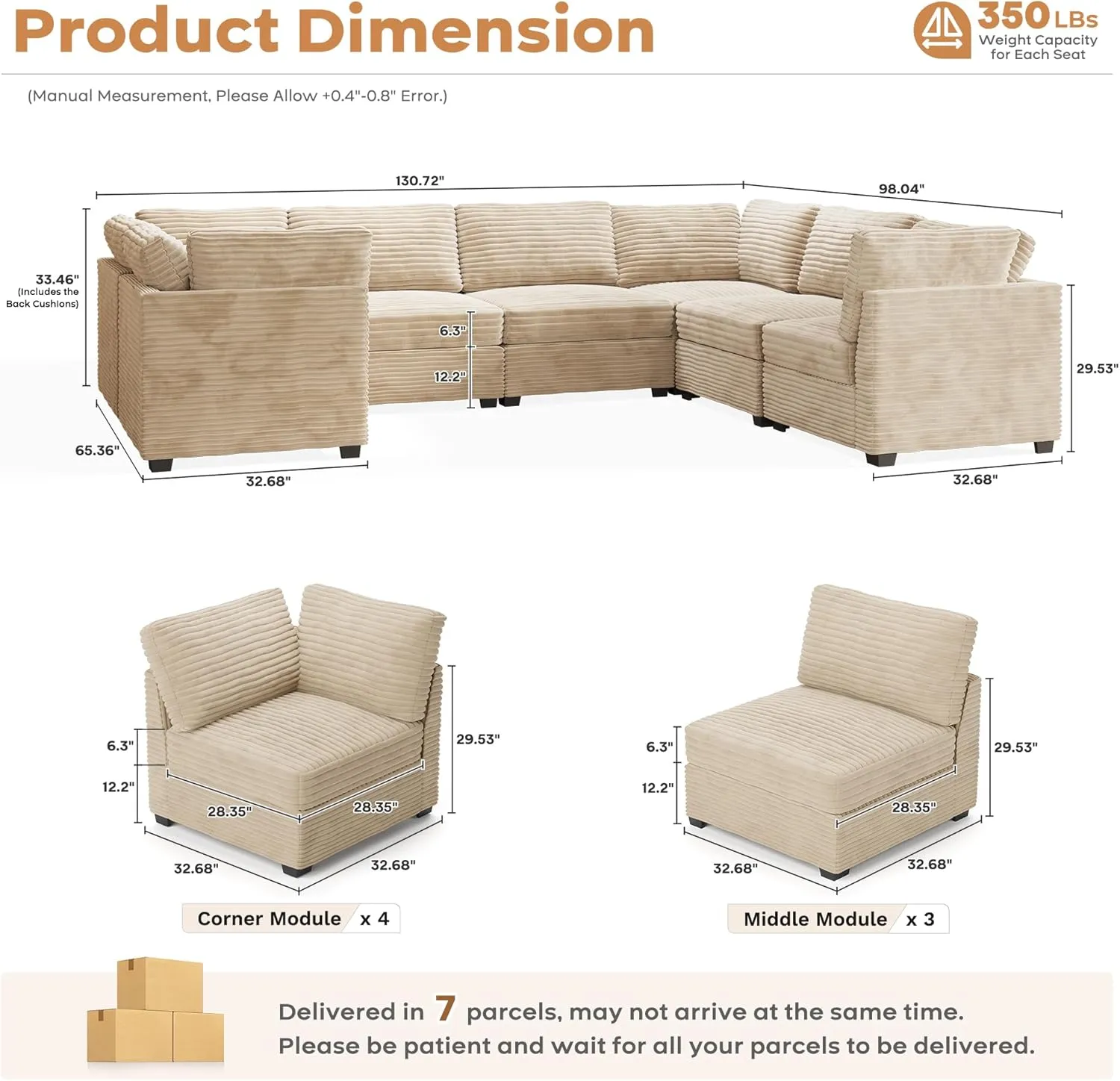 ovios 130.7" Modular Sectional Sofa Couch, U-Shaped Cloud Couches with Oversized Chaise, Modern Minimalist Deep Seat Plush Corduroy Sofas Set for Living Room, 7 Seater, Beige